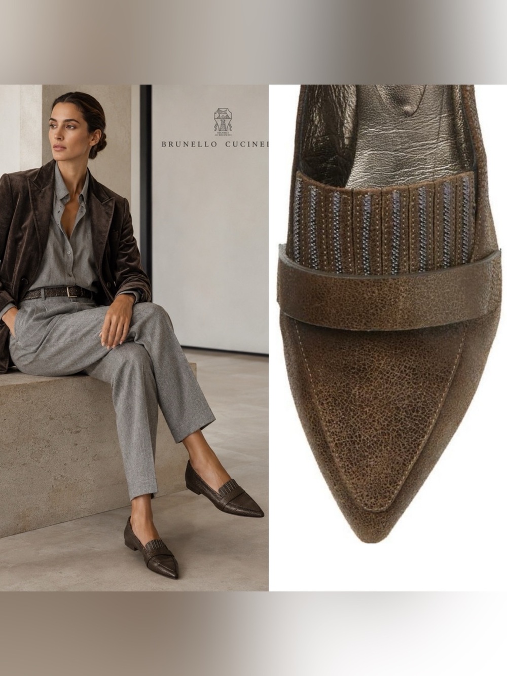 Brunello Cucinelli Monili Cracked Skin Leather Loafer Flats